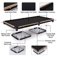 Table de billard acrylique professionnelle 7Ft 8Ft 9Ft Table de billard à domicile Coussins en bois massif Table de billard en verre 9 boules 8 boules