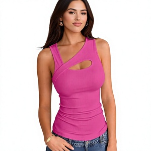 Women's Pink Asymmetric <b>Criss</b>-<b>Cross</b> Hollow Out Knitted Tank <b>Top</b> Regular Length Breathable Solid Color Spandex Polyester - Product Image 1
