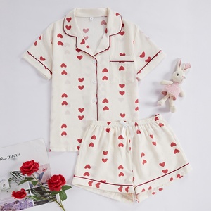 Nuovo Set <span class=keywords><strong>Pigiama</strong></span> con Motivo a Cuori Bianchi, Carino e Morbido con Elastico in Vita, <span class=keywords><strong>Pigiama</strong></span> Estivo da Donna - Product Image 3