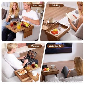 Wooden <b>Sofa</b> Armrest <b>Tray</b> Multifunctional Storage With Phone Holder And Remote Control Hook Type Rectangle Varnished Finish - Product Image 3