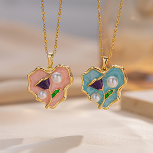 Mới Sang Trọng Bán Buôn Hình Trái Tim Men 18K Vàng <span class=keywords><strong>Monet</strong></span> Vườn Retro Dầu Nhỏ Giọt Men Hoa Vòng Cổ Chuỗi Thép Không Gỉ - Product Image 1