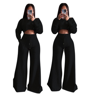 Ensemble de vêtements pour femmes, décontracté, couleur unie, haut court et pantalon long, ample, 2 pièces, tendance - Product Image 5