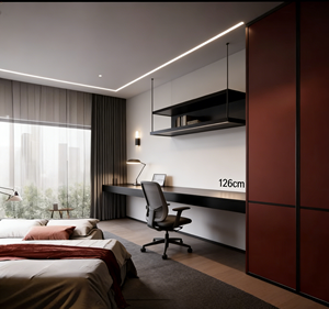 Armoire intégrée moderne BALOM sur mesure, couleur bordeaux, avec finitions noires et éclairage LED, bureau intégré pour chambre à coucher ou bureau à domicile - Product Image 5