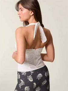 Camiseta sin mangas con cuello halter y encaje en V profundo, color blanco, estilo Pure Desire para mujer - Product Image 4