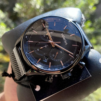 Valerius Jam Tangan Chronograph Kuarsa Pria 42Mm Casing Baja Tahan Karat Tali Kulit PU Hitam Jam Tangan Olahraga Tahan Air 5BAR