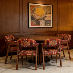 Midcentury Modern <b>Restaurant</b> Table <b>Set</b> With Wooden Square Table And Fabric Chairs For Commercial Dining Use - Product Image 2
