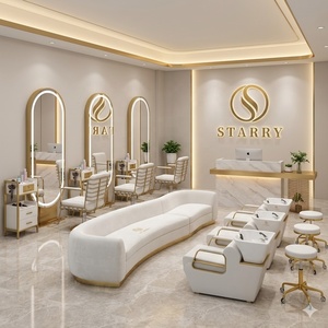 Sillón de Barbero Profesional Americano Ajustable con Efecto Madera y Dorado, Espejo LED Arqueado, Unidades de Lavacabezas y Silla de Belleza Completa para Salón - Product Image 2