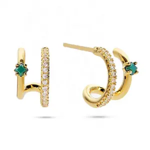 Gemnel New Products 2023 18k Gold Plated Silver Custom Logo Malachite Stone Double Hoop Earring