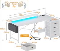 Bureau d'ordinateur multifonctionnel avec lumières LED RVB, plusieurs tiroirs, poste de travail robuste avec rangement, surface en bois MDF