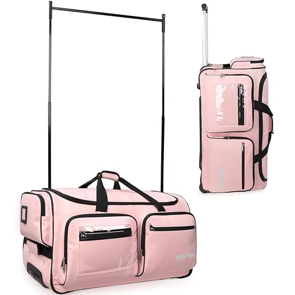 Custom Wholesale Pink Costume Rolling Trolley Ballet Dance Shoe Duffle Duffel Bag with Garment Rack Rod Bag for Dancer Costumes