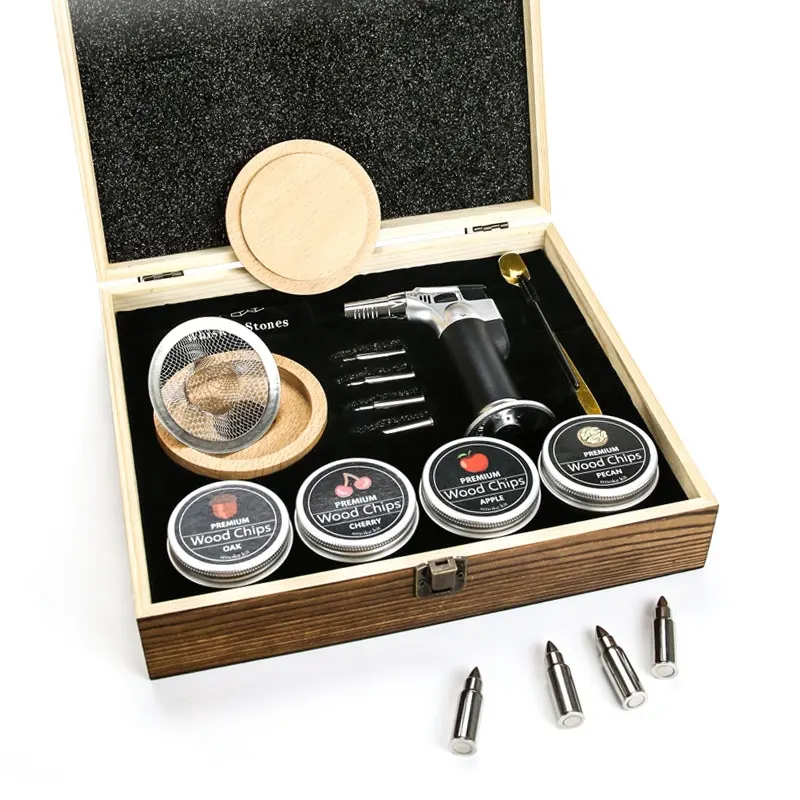 Kit per fumare Cocktail con torcia-Set fumatore di whisky vecchio stile, 4 trucioli di legno aromatizzati, pietre di whisky, Cocktail affumicato