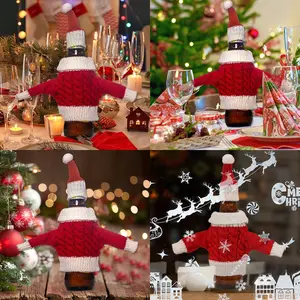 迷你圣诞装饰品北欧针织红色腈纶羊毛套装酒瓶套装杯子套装餐桌装扮道具