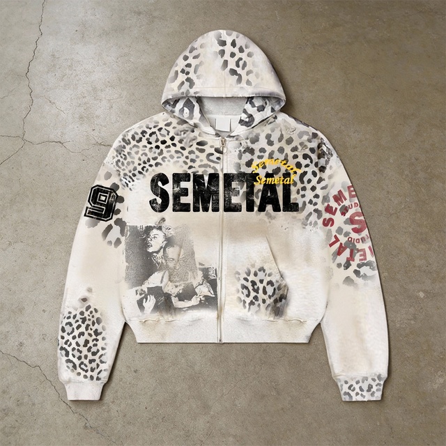 Heavyweight Cotton Cropped Zip up Hoodie Oversized Streetwear Leopard Printed Acid Wash Distressed Hoodie Custom Men Hoodies