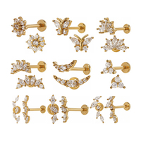 Boucles d'oreilles clous en acier inoxydable plaqué or à dos plat et fileté pour cartilage et lèvre, avec motifs lune, feuille, fleur et étoile pour femme