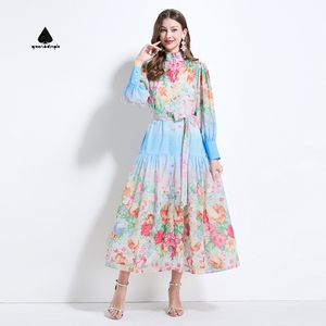 Đầm midi xếp ly cổ tròn tay phồng kiểu vintage mùa thu xuân dành cho nữ, có dây buộc eo, họa tiết in - Product Image 1