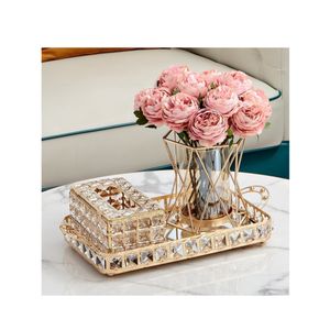 Plateau de service rectangulaire en cristal de luxe avec poignées dorées, plateau miroir, vente chaude <span class=keywords><strong>2023</strong></span>, décoration d'intérieur en métal doré poli - Product Image 1