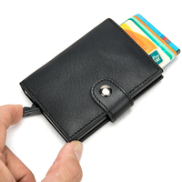 Dompet pria kulit asli, pemblokir RFID Anti magnetik, pemegang kartu kredit ID dengan kancing penutup warna Solid