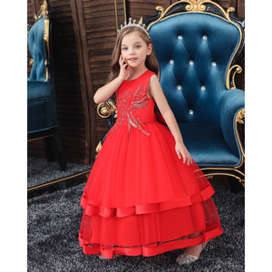 Robe de bal en tulle rouge pour filles, col rond, ornée de fleurs, robe de demoiselle d'honneur pour enfants - Product Image 3