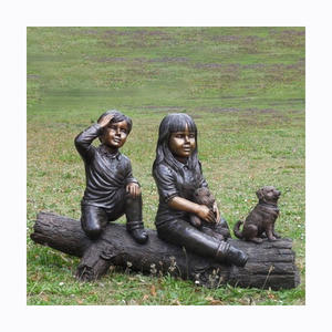 Decoración de jardín tallada a mano hermoso niño niña arte artesanal y fundición latón animal perro escultura al aire libre bronce niños estatua - Product Image 3
