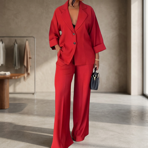 RN Designer Luxury Red Women's Formal Satin 2-Piece Suit <b>Set</b> Oversized <b>Blazer</b> Wide Leg Pant Elegant Office Wear Business Casual - Product Image 1