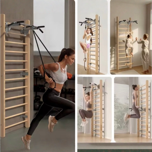 Equipo de <span class=keywords><strong>Gimnasio</strong></span> en Casa: <span class=keywords><strong>Escalera</strong></span> Sueca de Madera con Estante Colgante, Barra de Dominadas, Marco de Escalada Ajustable Montado en la Pared - Product Image 6