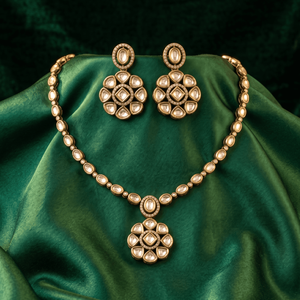 Elegant Brass Gold Plated Kundan Polki Floral Pendant Necklace Set <b>Rope</b> Matching Drop Earrings Traditional Indian Bridal Party - Product Image 1
