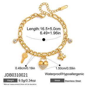 Bracelet à breloques romantique en acier inoxydable plaqué or 18 carats avec pendentif cadenas, clé et cœur, chaîne à maillons pour femme, cadeau - Product Image 3