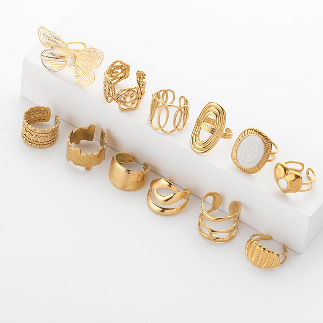 Gold-Plated Fashion Trendy Ring Gold Plated Stainless Steel Geometric Butterfly Opening Ring