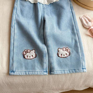 Tongxingyuan Girls Denim <b>Pants</b> With Lace Trim Fleece <b>Lined</b> Wide Leg Baby Girl Winter <b>Pants</b> - Product Image 2