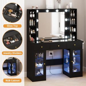 Armadietto in vetro nero moderno con luci a <span class=keywords><strong>LED</strong></span> 3 cassetti tavolo da toletta per camera da letto 3 modalità di colore trucco vanità - Product Image 4