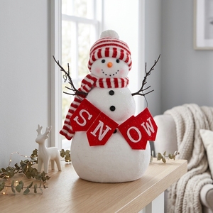 Traditional Red Striped Hat Snowman Figure with Festive SNOW Banner for <b>Winter</b> Holiday Welcome <b>Decor</b> - Product Image 2