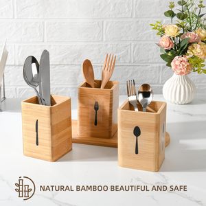 Bamboo and wood kitchen storage <b>box</b> for knives, forks, spoons, and chopsticks; solid wood office pen holder with base. - Product Image 5