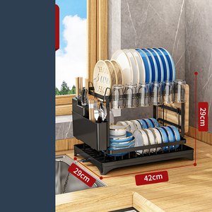 2-etagiges Multifunktionales Rostfreies Küchen-Geschirrabtropfgestell mit Abtropfschale und Besteckhalter - Product Image 4