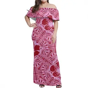 Design Knitted Off Shoulder Floral Dresses For Women 2024 Spring Polynesian Tribal Samoa Fiji custom flos Hibisci Print Logo