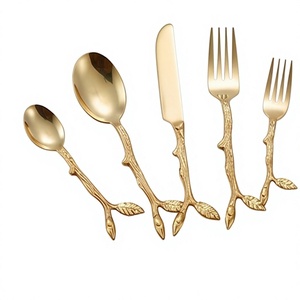 Ensemble de couverts Golden Branch Design, 5 pièces, style vintage, finition miroir, passe au lave-vaisselle, pour la table de mariage - Product Image 1