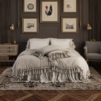 Ensemble de literie en lin pur sur mesure en gros, taille king et queen, housse de couette et taie d'oreiller lavées avec double volants