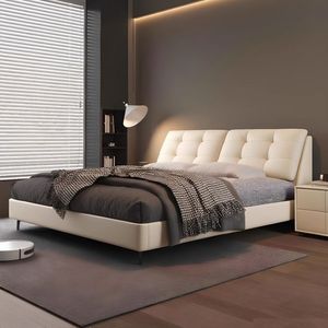 Modern Upholstered <b>Bed</b> 1.8M <b>Soft</b> Backrest Solid Wood <b>Frame</b> Frosted Leather Low Box Design for Master Bedroom - Product Image 2