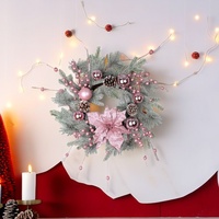 Karangan Bunga Natal Terlaris untuk Natal Bernuansa Pink, Bola Berlapis Elektroplating, Salju Buatan, Hiasan Kayu PE, Jarum Pinus