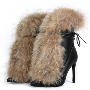 Women Stiletto Thin Heels Furry Short <b>Boots</b> Big Size 47 Front Lace up Shoes Dress Wide Fit Fluffy Fur Ankle Booties - Product Image 4