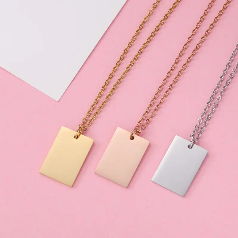 Custom 18K gold plated Blank Metal Stainless Steel Rectangle Square Pendant Charm Necklace Logo name can be laser engraved