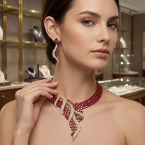 Juego de Joyería de Lujo en Latón con Circones Rojos Rubí, Chapado en Oro, Collar y Aretes de Novia Estilo Indio para Mujer, para Bodas - Product Image 2