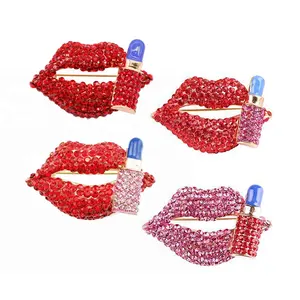 Fashion Design Sexy Red Lips Brooch Ladies Dress Jewelry Crystal Lipstick Mouth Brooches Pin for Women