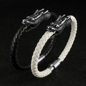 2023 Fashionable Men's Stainless Steel Genuine Leather Handwoven Magnetic Buckle Bracelet Leader Personalized Hip Hop Jewelry