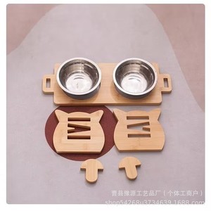 Support pour gamelles de chat en bois, double station d'alimentation antidérapante pour chats et chiens avec gamelles en acier inoxydable - Product Image 1