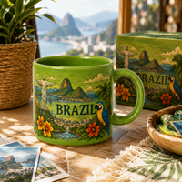 Mug à café en céramique souvenir du Brésil avec logo, boîte, motif perroquet, monument de Rio, tasse à lait/eau en porcelaine florale, personnalisable OEM ODM, vente en gros