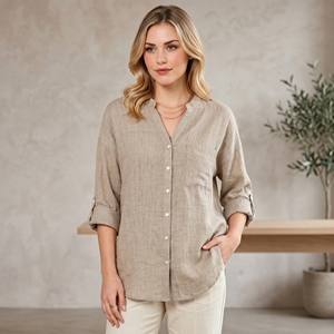 <span class=keywords><strong>Abbigliamento</strong></span> Estivo Protettivo dal Sole, Camicetta da <span class=keywords><strong>Donna</strong></span> <span class=keywords><strong>in</strong></span> Cotone e <span class=keywords><strong>Lino</strong></span>, Camicia Larga a Tre Quarti con Colletto Rialzato per Donne - Product Image 3