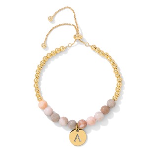 Bracelet en perles de pierre zèbre rose avec pendentif lettre anglaise en <span class=keywords><strong>hématite</strong></span> dorée, chaîne réglable en acier inoxydable - Product Image 2