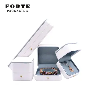 FORTE 2024 klasik Pop özelleştirilebilir yuvarlak köşe beyaz PU deri yüzük mücevher kutusu mavi kenarlı