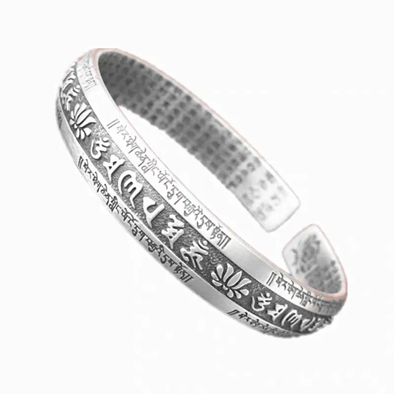 New Handmade Six-character Mantra Heart Sutra Bracelet For Men And Women Silver Medallion Magic Weapon Couple Jewelry