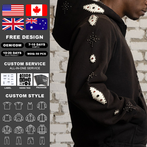 Sweat à capuche unisexe KingSen personnalisé avec strass, fermeture éclair, imprimé streetwear, patchwork, 100 % coton, écologique - Product Image 2